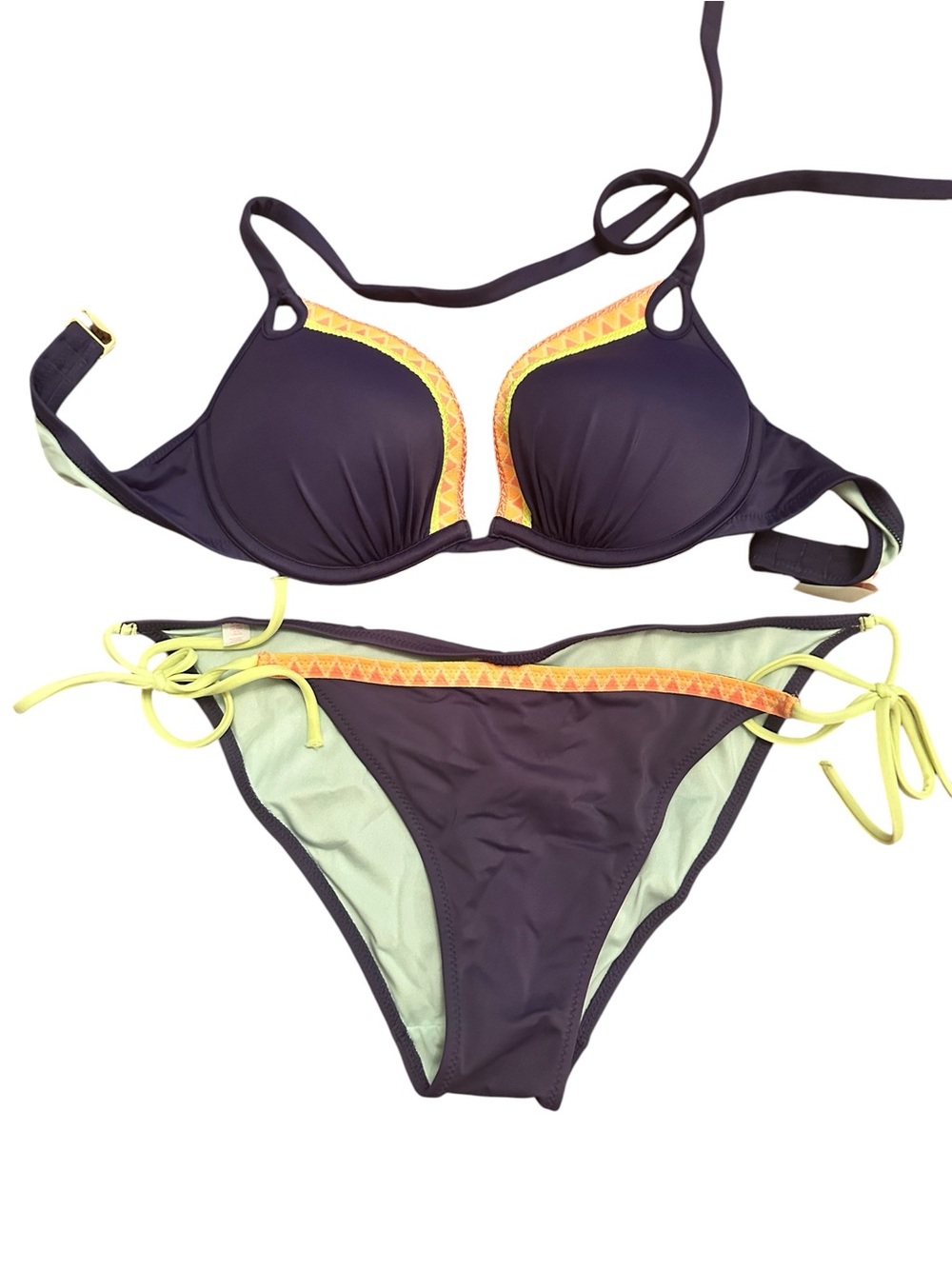Women’s Victoria’s Secret Dark Navy Neon Orange Accent Bikini Set Size L / 32D